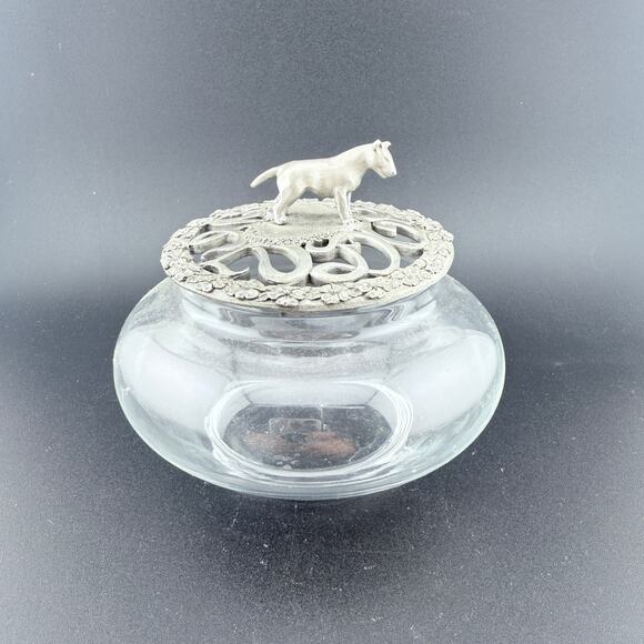 Vtg Glass Jar Pewter Lid – Dog Figurine Handle – Wilton Armetale 1993 – 5” - Picture 1 of 7